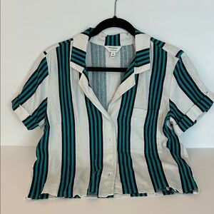 Banana Republic Teal and White Striped Short Sleeve Crop Shirt